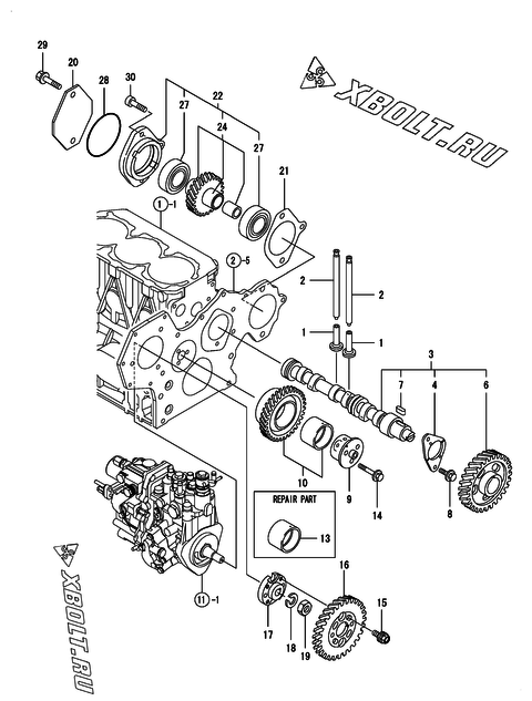  Распредвал и приводная шестерня двигателя Yanmar 3TNV88-BDCR