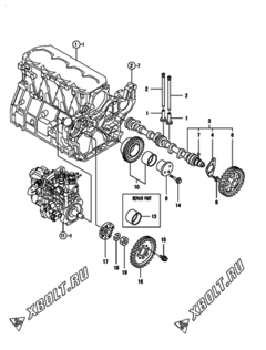  Двигатель Yanmar 4TNV98-GGEC, узел -  Распредвал и приводная шестерня 