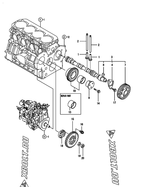  Распредвал и приводная шестерня двигателя Yanmar 4TNV88-GGEC