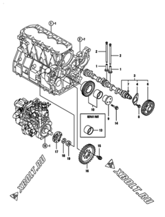  Двигатель Yanmar 4TNV98T-GGEC, узел -  Распредвал и приводная шестерня 