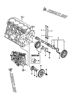  Двигатель Yanmar 4TNV84T-GGE2, узел -  Распредвал и приводная шестерня 