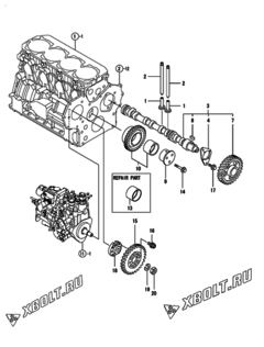  Двигатель Yanmar 4TNV88-GGE2, узел -  Распредвал и приводная шестерня 