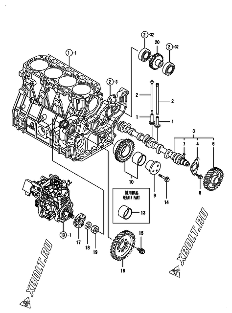  Распредвал и приводная шестерня двигателя Yanmar 4TNV98T-ZNDI