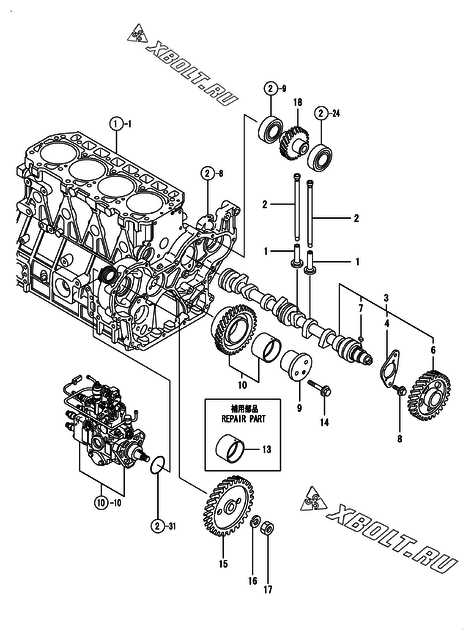  Распредвал и приводная шестерня двигателя Yanmar 4TNE98-BQLS