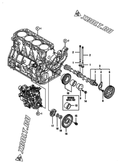  Двигатель Yanmar 4TNV98-NXG, узел -  Распредвал и приводная шестерня 