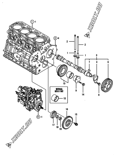  Распредвал и приводная шестерня двигателя Yanmar 4TNV88-GGEHC