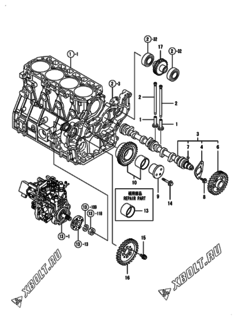  Двигатель Yanmar 4TNV98T-ZNTG, узел -  Распредвал и приводная шестерня 