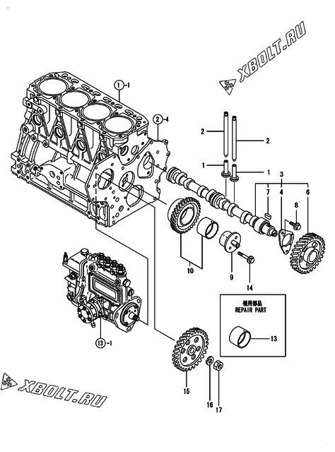  Распредвал и приводная шестерня двигателя Yanmar 4TNE84T-GB2CT