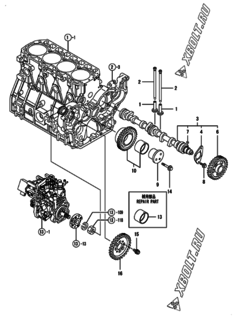  Двигатель Yanmar 4TNV98T-ZSOM, узел -  Распредвал и приводная шестерня 