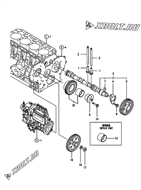  Распредвал и приводная шестерня двигателя Yanmar 4TNE84-GB2CT