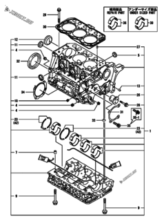  Двигатель Yanmar 3TNM68-AIME, узел -  Блок цилиндров 