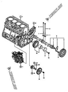  Двигатель Yanmar 4TNV106T-SHL, узел -  Распредвал и приводная шестерня 