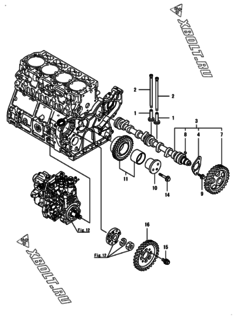  Двигатель Yanmar 4TNV106-GGB1BT, узел -  Распредвал и приводная шестерня 