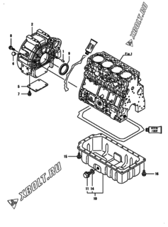  Двигатель Yanmar 4TNV106T-GGB1T, узел -  Маховик с кожухом и масляным картером 