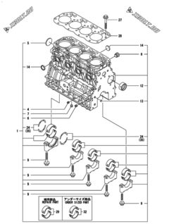 Двигатель Yanmar 4TNV88-BNFB, узел -  Блок цилиндров 