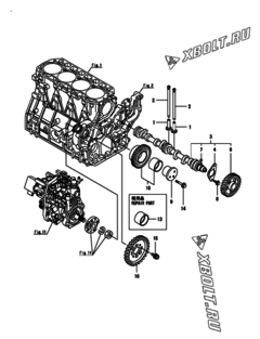  Двигатель Yanmar 4TNV98-ZSPR, узел -  Распредвал и приводная шестерня 