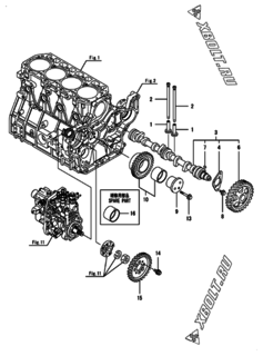  Двигатель Yanmar 4TNV98-IGE, узел -  Распредвал и приводная шестерня 