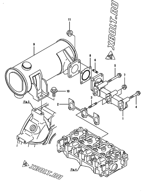  Выпускной коллектор и глушитель двигателя Yanmar 3TNV76-SNSE12