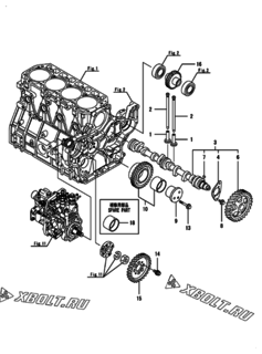  Двигатель Yanmar 4TNV98-NLVC, узел -  Распредвал и приводная шестерня 