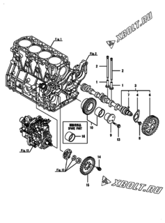  Двигатель Yanmar 4TNV98T-SHYB, узел -  Распредвал и приводная шестерня 