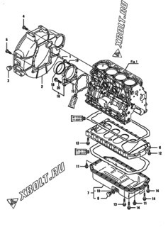  Двигатель Yanmar 4TNV88-BDAW, узел -  Маховик с кожухом и масляным картером 
