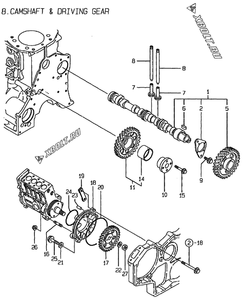  Распредвал и приводная шестерня двигателя Yanmar 4TN100E-G1