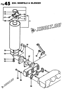  Двигатель Yanmar 3T72HLE, узел -  Выпускной коллектор и глушитель 