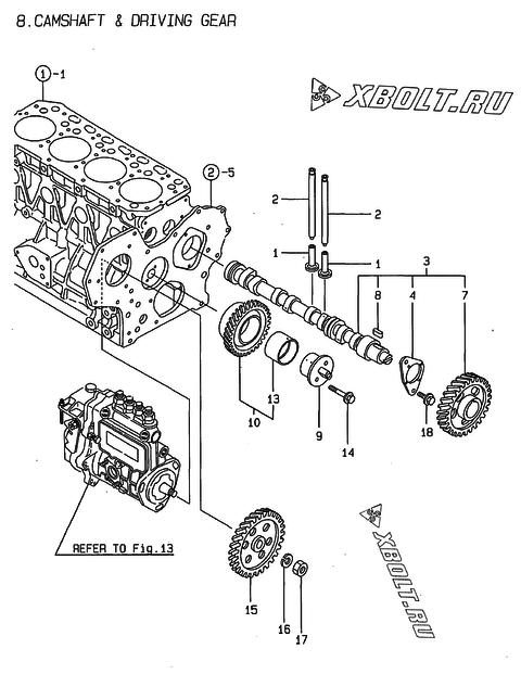  Распредвал и приводная шестерня двигателя Yanmar 4TNE88-G1A