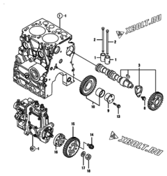  Двигатель Yanmar 2TNV70-HGE, узел -  Распредвал и приводная шестерня 