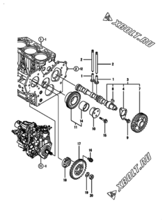  Двигатель Yanmar 3TNV88-KMW, узел -  Распредвал и приводная шестерня 