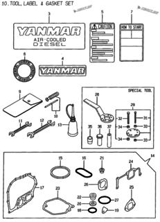  Двигатель Yanmar L100AE-D, узел -  Инструменты, шильды и комплект прокладок 