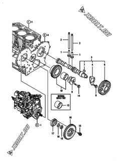  Двигатель Yanmar 3TNV88-BGGET, узел -  Распредвал и приводная шестерня 