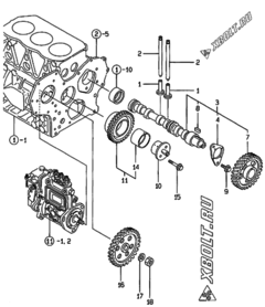  Двигатель Yanmar 3TNE84-GB1, узел -  Распредвал и приводная шестерня 