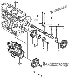  Двигатель Yanmar 4TNE88-RAG2, узел -  Распредвал и приводная шестерня 