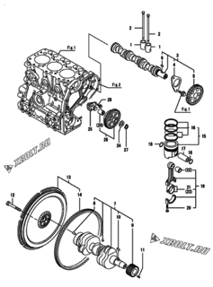  Двигатель Yanmar 3GPF68-HU, узел -  Распредвал, коленвал и поршень 