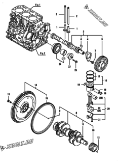  Двигатель Yanmar 3GPG88-H2US, узел -  Распредвал, коленвал и поршень 