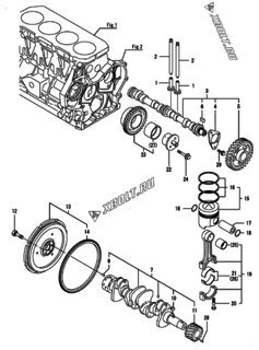  Двигатель Yanmar 4GPE86-H2PS/H2S, узел -  Распредвал, коленвал и поршень 
