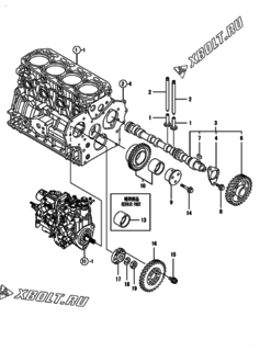  Двигатель Yanmar 4TNV88-GGB1B, узел -  Распредвал и приводная шестерня 