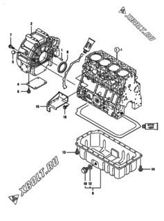 Двигатель Yanmar 4TNV106GGB1B, узел -  Маховик с кожухом и масляным картером 