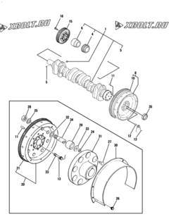  Двигатель Yanmar 6HAL2-DT, узел -  Коленвал, маховик и муфта 