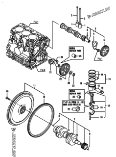 Двигатель Yanmar CP5WN-SPB, узел -  Распредвал, коленвал и поршень 