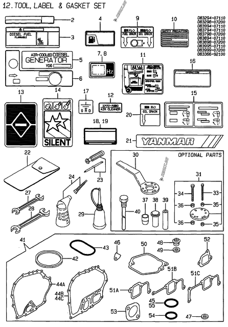  Инструменты, шильды и комплект прокладок двигателя Yanmar YDG2001SE