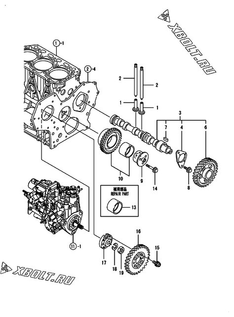  Распредвал и приводная шестерня двигателя Yanmar 3TNV88-BGGEP