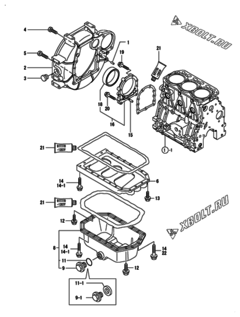  Двигатель Yanmar 3TNE84-EIKC, узел -  Маховик с кожухом и масляным картером 