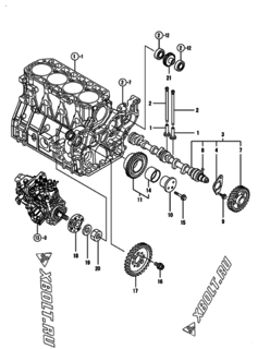  Двигатель Yanmar 4TNV98T-NSV, узел -  Распредвал и приводная шестерня 