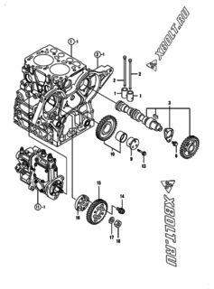  Двигатель Yanmar 2TNV70-PIK, узел -  Распредвал и приводная шестерня 