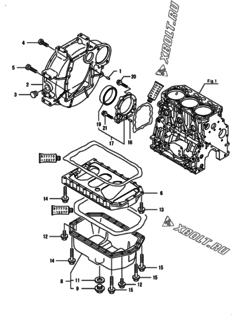  Двигатель Yanmar 3TNV88-BQIKA1, узел -  Маховик с кожухом и масляным картером 