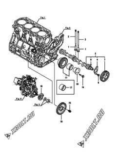  Двигатель Yanmar 4TNV98-ZXVHBW, узел -  Распредвал и приводная шестерня 