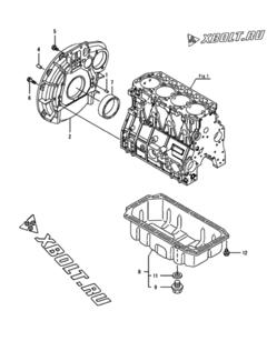  Двигатель Yanmar 4TNV94L-BXPHZ, узел -  Маховик с кожухом и масляным картером 