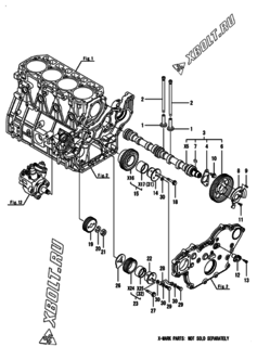  Двигатель Yanmar 4TNV98C-SJLW, узел -  Распредвал и приводная шестерня 
